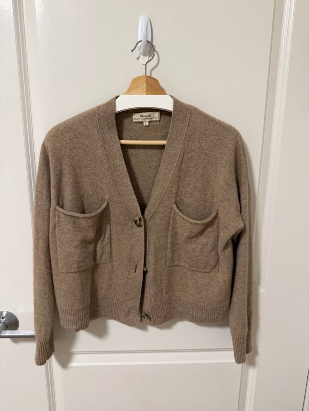 Madewell 100% Cashmere V-Neck Cardigan Taupe Button Front Pockets Women's M
